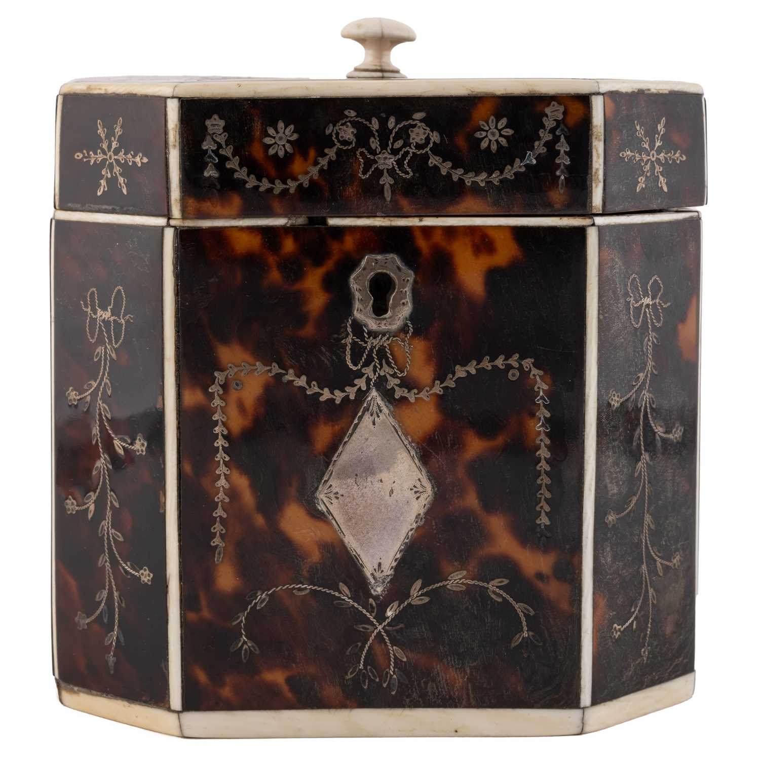 Lot 55 - A George III octagonal tortoiseshell tea caddy...