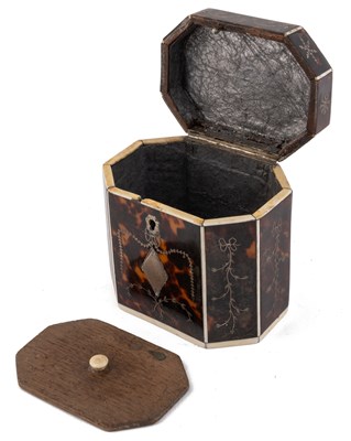 Lot 55 - A George III octagonal tortoiseshell tea caddy...
