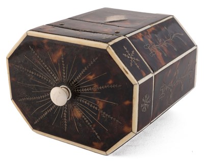 Lot 55 - A George III octagonal tortoiseshell tea caddy...