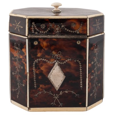 Lot 55 - A George III octagonal tortoiseshell tea caddy...