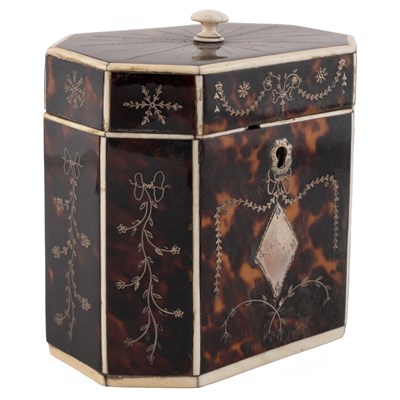 Lot 55 - A George III octagonal tortoiseshell tea caddy...