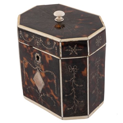 Lot 55 - A George III octagonal tortoiseshell tea caddy...