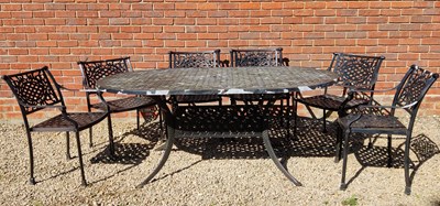 Lot 1292 - A black painted aluminium garden table with six armchairs