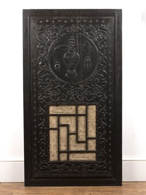 Lot 435 - Carved wood and silk panel Chinese, 19th...