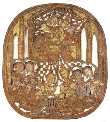 Lot 355 - Leather painted panel Javanese of oval form...