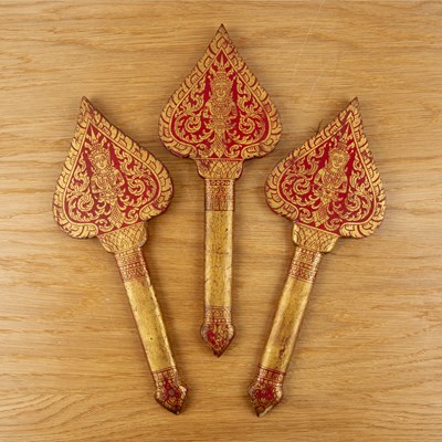 Lot 456 - Painted red and gold lacquer hand fans...