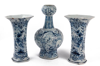 Lot 351 - A pair of Delftware spill vases together with a bottle vase