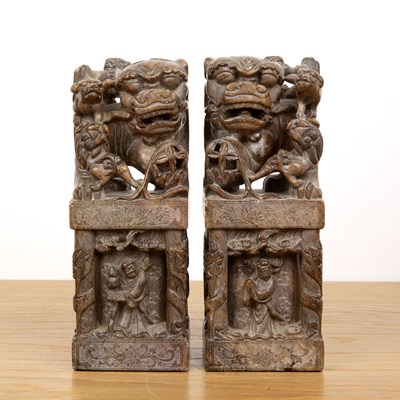 Lot 299 - Pair of carved soapstone seals Chinese of...