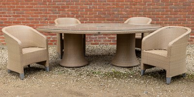 Lot 1366 - The large oval glass-topped garden table and four chairs