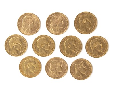 Lot 246 - Collection of ten French 20 Franc gold coins...