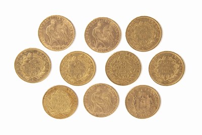 Lot 246 - Collection of ten French 20 Franc gold coins...