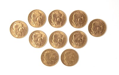 Lot 247 - Collection of ten French 20 Franc gold coins...