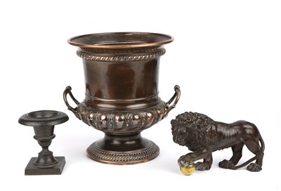 Lot 263 - A 19th century Grand Tour bronze urn together with two further bronzed items