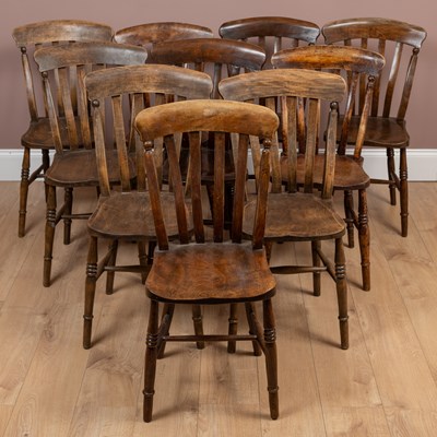 Lot 455 - A harlequin set of ten lath back kitchen chairs