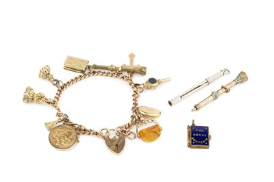 Lot 359 - A charm bracelet, the curb-link bracelet with...