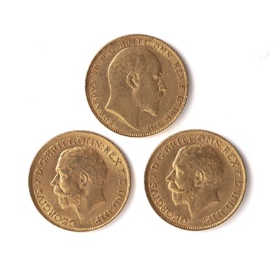 Lot 257 - Edward VII sovereign dated 1908 and two George...