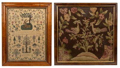 Lot 469 - A Victorian needlework sampler together with a needlework panel