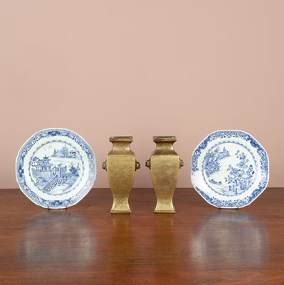 Lot 1170 - Two Chinese blue and white plates together with a pair of Chinese brass vases