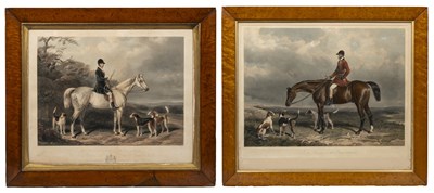 Lot 454 - Two decorative hand-coloured hunting prints in maple wood frames