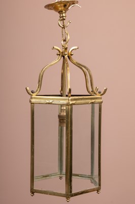 Lot 1159 - A Georgian style hexagonal brass hall lantern