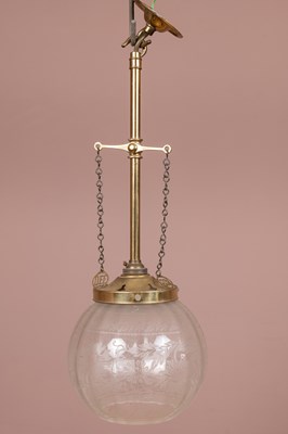 Lot 377 - A Christopher Wray etched glass and brass globe pendant light