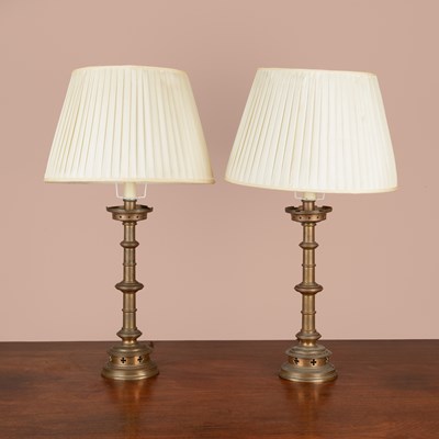 Lot 310 - A pair of ecclesiastical brass table lamps