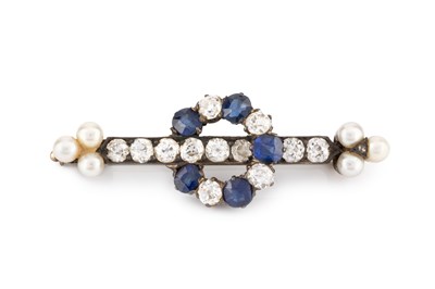 Lot 114 - A diamond, sapphire and pearl bar brooch,...