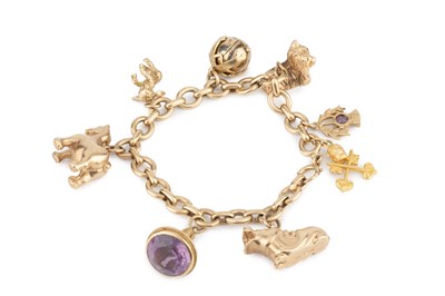 Lot 68 - A charm bracelet, the 9ct gold belcher-link...