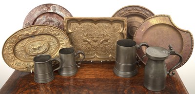 Lot 395 - Five embossed brass dishes to include a barber'...