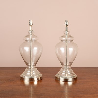 Lot 1026 - A pair of glass-bodied baluster table lamps