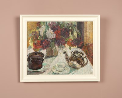 Lot 1052 - A still life with tea pot and peonies