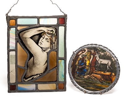 Lot 1371 - A 19th century stained glass panel depicting a semi nude female