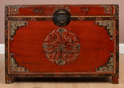 Lot 182 - A 20th century Korean red lacquered and hand decorated storage chest