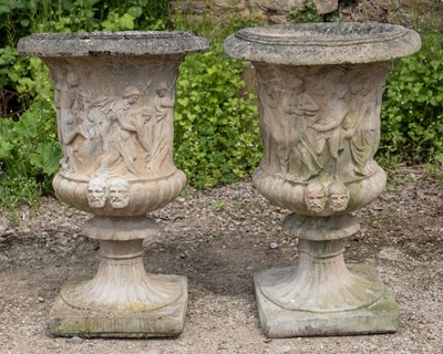 Lot 1343 - A pair of large cast reconstituted stone campana urns