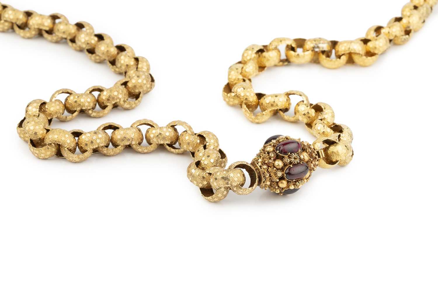 Lot 36 - A 19th century long chain with gem set clasp,...