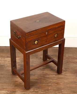 Lot 72 - Hardwood and inlaid brass sewing box on stand...