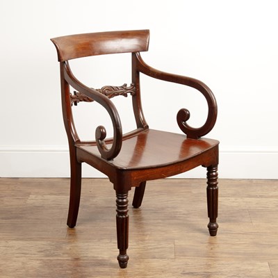 Lot 113 - Mahogany elbow chair late Regency, with scroll...