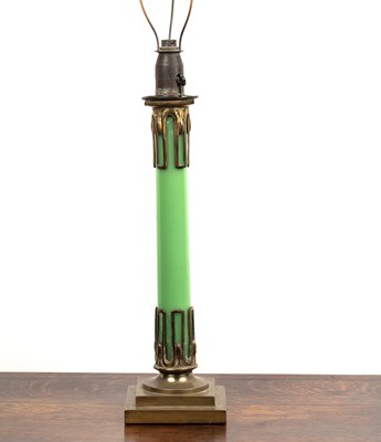 Lot 106 - Brass and pale green glass table lamp  early...