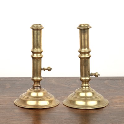 Lot 90 - Pair of 18th Century brass candle sticks with...