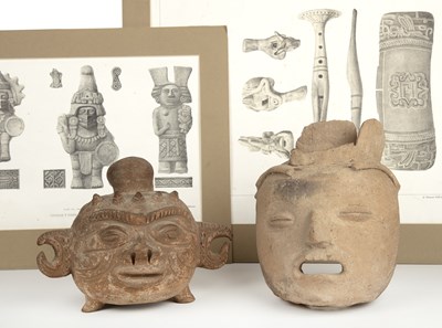 Lot 471 - Two South American, possibly Pre Columbian pottery heads together with two prints