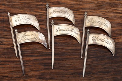 Lot 283 - Set of six silver cheese markers 'Cheddar',...