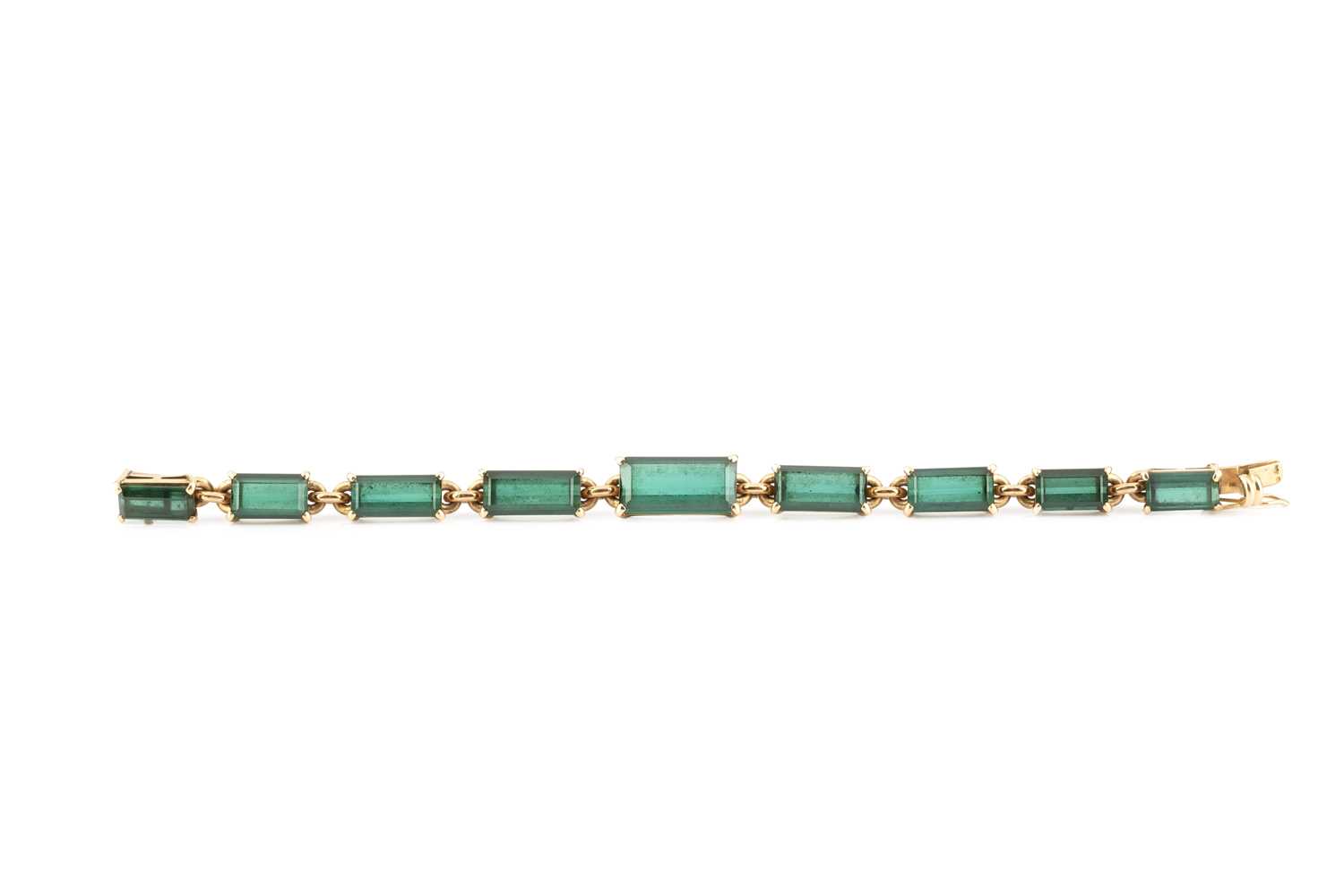 Lot 395 - A tourmaline bracelet, designed as a line of...