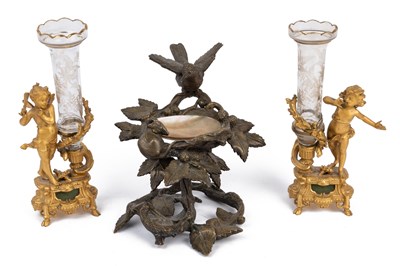 Lot 283 - A bronze ornament of fruiting vine form together with a pair of French vases