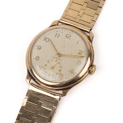 Lot 372 - Zenith 9ct gold wrist watch the silvered dial...