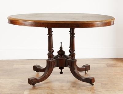 Lot 42 - Oval walnut inlaid breakfast table with a...