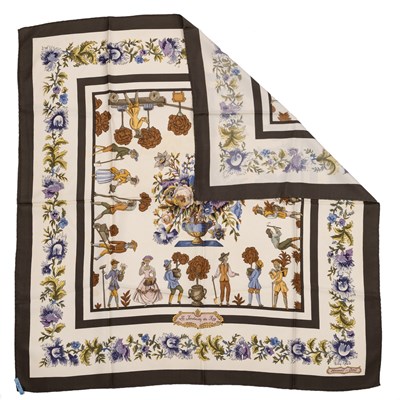 Lot 585 - A ‘Les Jardiniers Du Roy’ silk scarf by Hermès,...