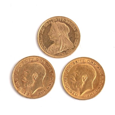 Lot 318 - Three half sovereigns the first a Victorian...