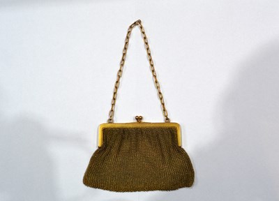 Lot 321 - 9ct gold mesh purse with elongated link chain...