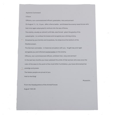 Lot 91 - An old facsimile WWII letter from Mussolini, photographs, and a further letter