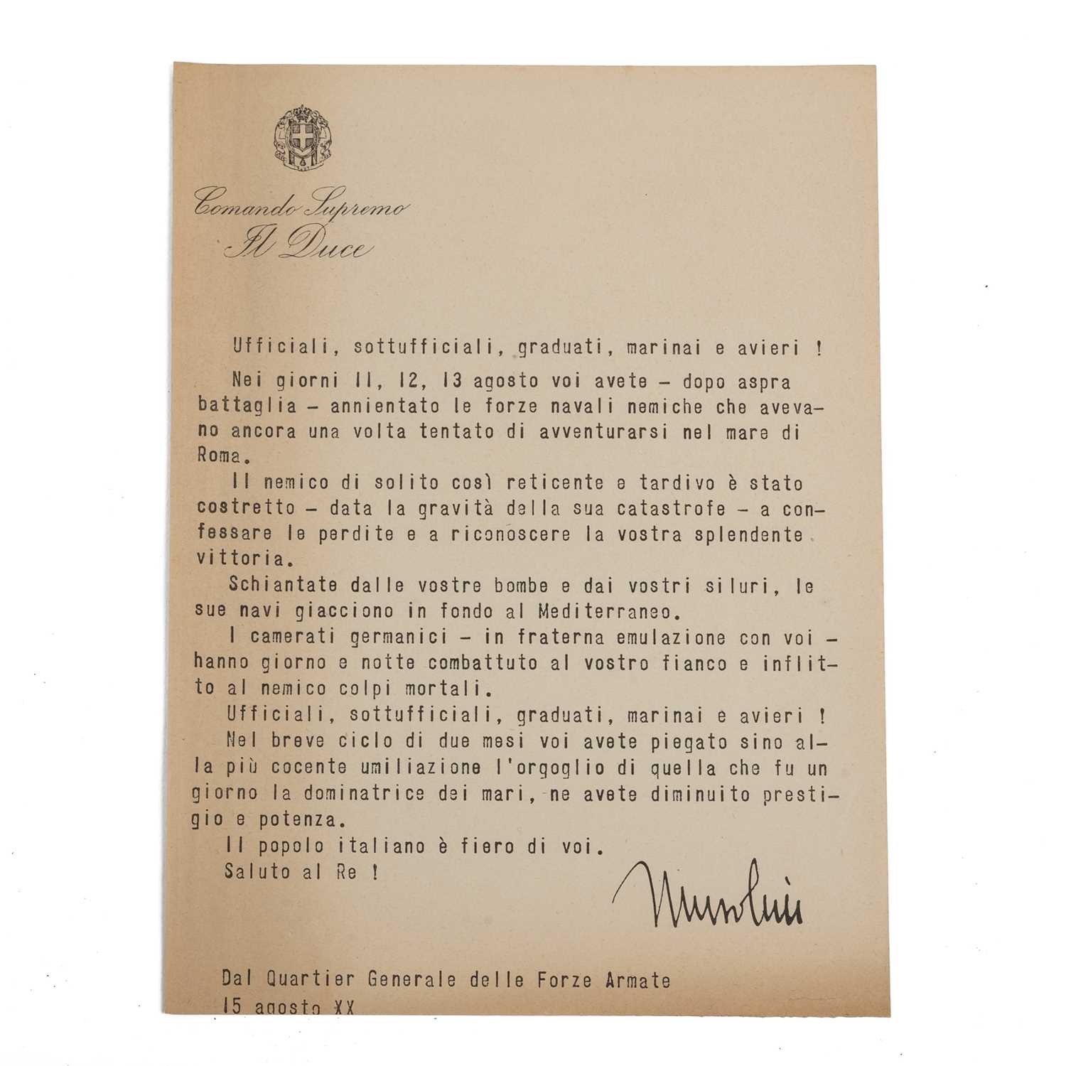 Lot 91 - An old facsimile WWII letter from Mussolini, photographs, and a further letter